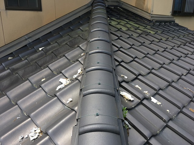 山県市で漆喰の破片が落下し屋根点検のご相談、漆喰の剥離や外れに加えて一部雑草も茂っている状態により取り直し工事をご提案